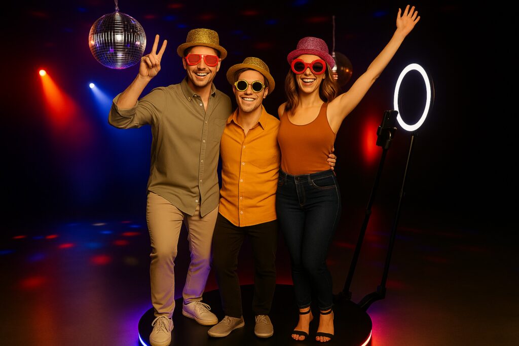 Junge Gäste mit lustigen Party-Hüten haben Spaß vor der Fotobox auf einem Event.