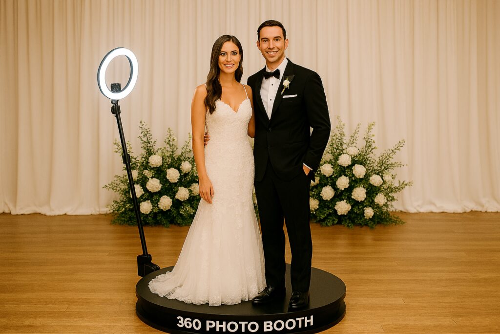 Glückliches Brautpaar auf der 360 Photo Booth, gemietet für eine Hochzeitsfeier in Augsburg.