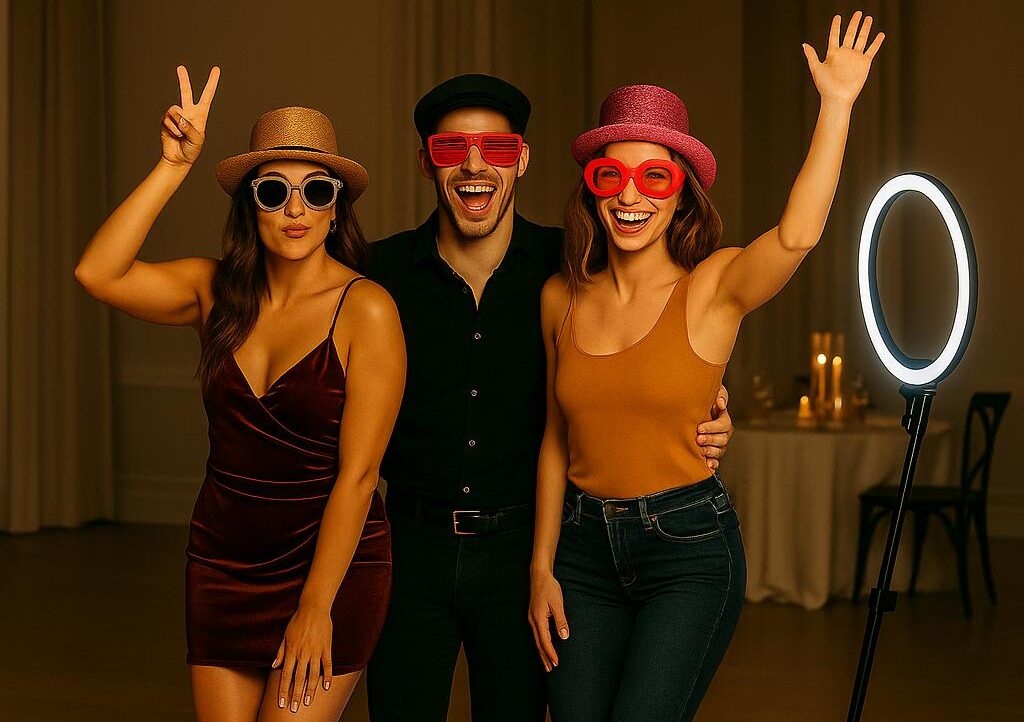 Gäste haben Spaß auf der 360 Grad Photo Booth mit lustigen Requisiten auf einem Event.